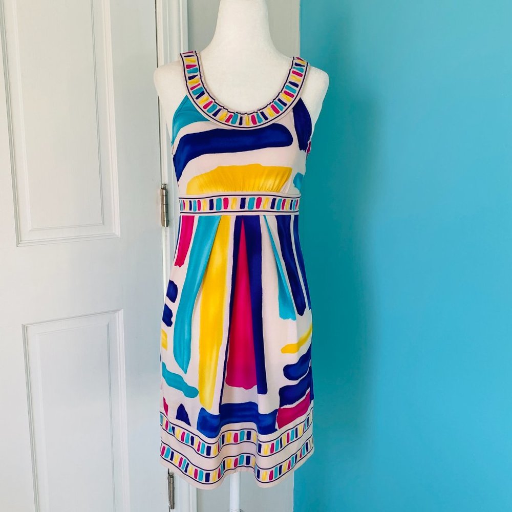 BCBGMaxAzria abstract, multicolor halter mini dress (size XS)